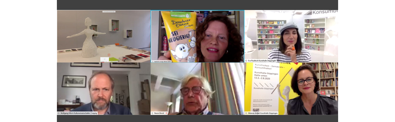Online Veranstaltung am 15.7.2020 mit Stephanie Senge, Prof. Dr. Wolfgang Ullrich, Prof. Dr. Bazon Brock, Dr. Melanie Ardjah und Eva Paulitsch; Zoom Meeting in dem alle genannten Personen sind.