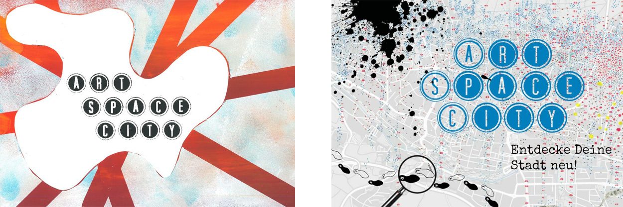 Zweiteilige Collage mit dem Schriftzug „ART SPACE CITY“. Links eine abstrakte Grafik mit rotem Strahlenmuster auf hellem Hintergrund. Rechts eine Stadtkarte mit bunten Punkten, schwarzen Farbspritzern und Fußspuren sowie dem Text „Entdecke Deine Stadt neu!“.