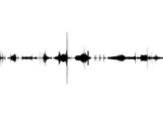 Schwarze Audio-Wellenform auf weißem Hintergrund. Die grafische Darstellung zeigt unterschiedlich hohe Ausschläge, die eine Ton- oder Klangaufnahme visualisieren.