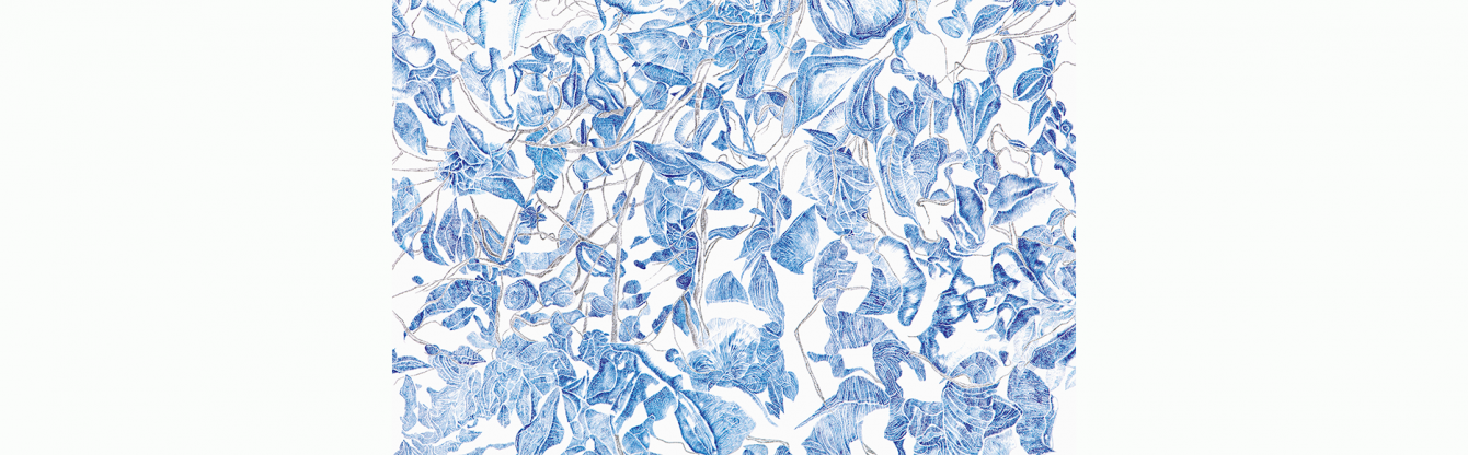 Gabriela Oberkofler, Detailaufnahme, Blaue Hortensienblüte (Aluminiumsulfat) 2019, Aquarell