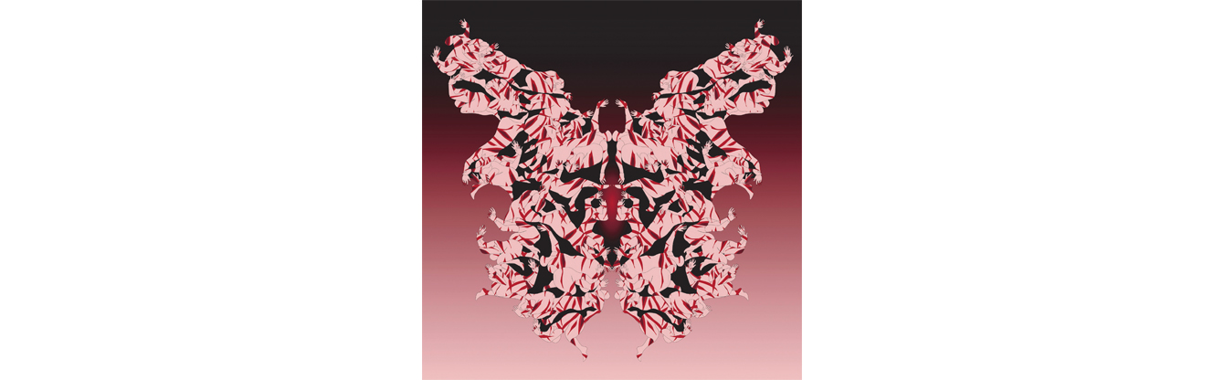 Abstraktes Kunstwerk mit wiederholten, symmetrischen menschlichen Figuren in Rosa und Rot auf einem dunkelroten Hintergrund. Die ineinander verschlungenen Körperformen erzeugen ein kaleidoskopisches Muster, das eine starke emotionale Wirkung vermittelt.