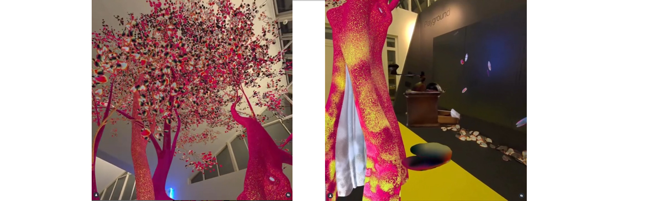 Zwei Bilder die beide einen pink gelben virtuellen Baum zeigen, der in einem Raum steht. Auf dem linken Bild blickt man in die Baumkrone und auf dem rechten Bild sieht man den Stamm des Baumes. Davor schwebt ein buntes Blatt, auf dem eine Kaffeemühle liegt.